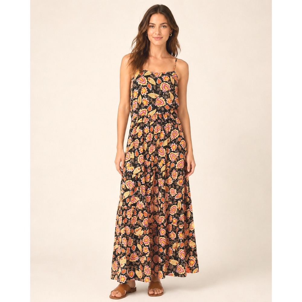 Loft‎ Beach Women Boho Floral Tiered Maxi Dress Black Size M Summer Vacation